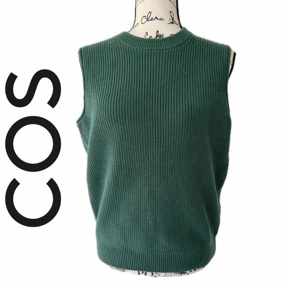 COS Knit Vest Ribbed Crew Neck Dark Green Size S Cotton Cabin Luxury NORMCORE - Picture 1 of 14